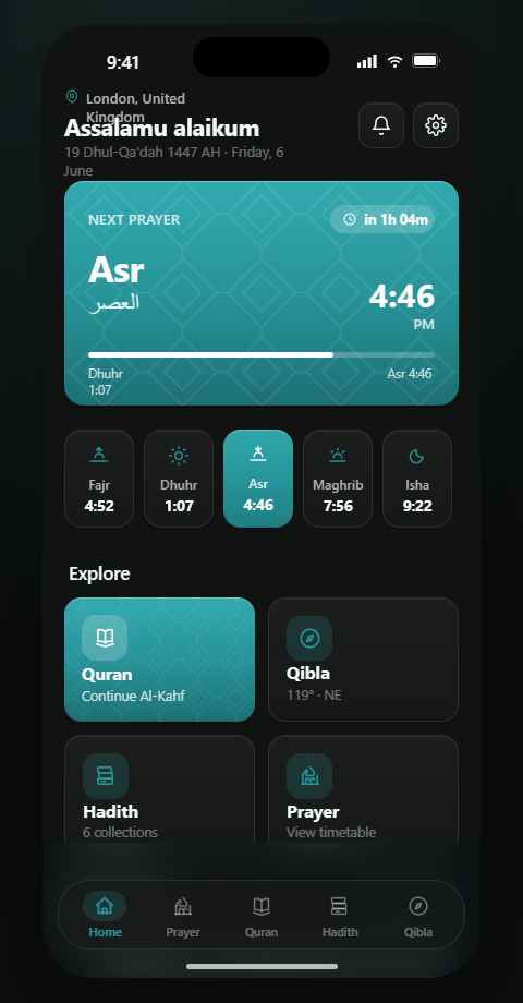 Home screen — glossy dark